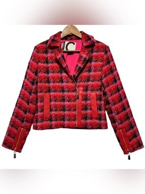 LOLA CASADEMUNT Tweed Moto Jacket Pink Red Plaid Cropped Luxe